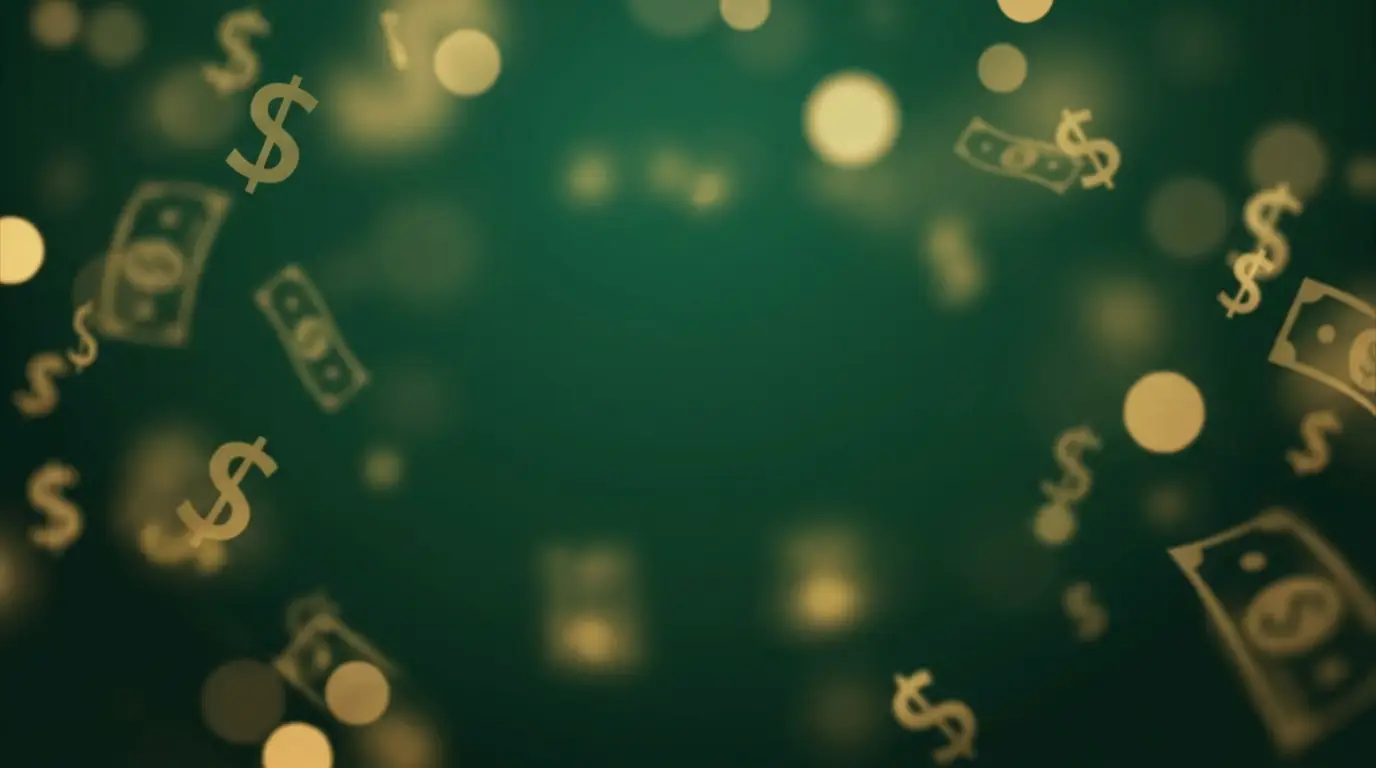 Emerald green and gold money thumbnail background with floating bills