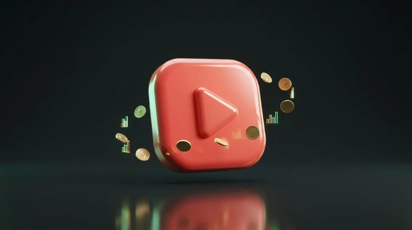 Glossy play button surrounded by gold coins and rising charts
